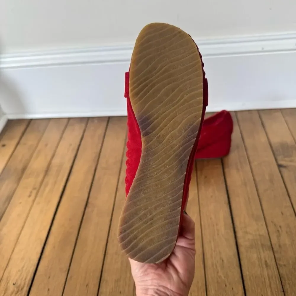 Miz Mooz Red Suede Wedge Ruffle Loafers Rhinestone detail 37 / 7